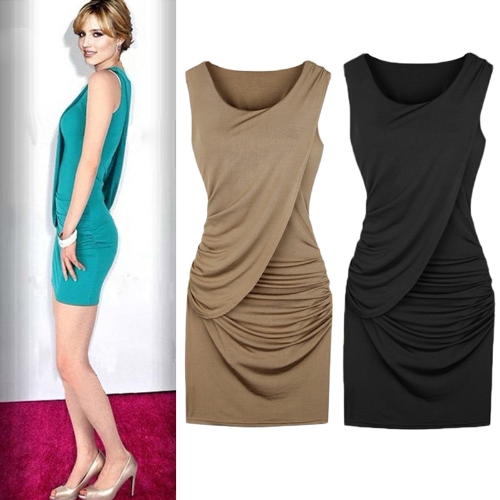 

New Celebrity Sexy Women Dress Overlay Ruffles Crew Neck Sleeveless Bodycon Party Mini Dress Black/Khaki/Blue