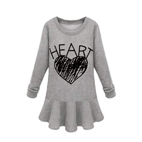 

Europe Celebrity Women Dress Letter Heart Print Crew Neck Long Sleeve Mini Dress Black/Grey