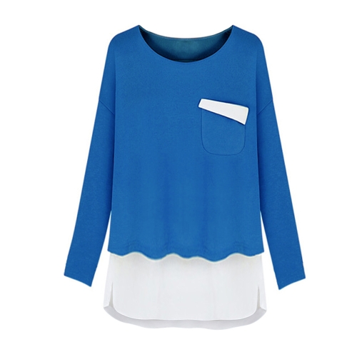 Fashion Women T-Shirt  Faux Two-Piece Chiffon Patchwork Pocket Split Crew Neck Long Sleeve Top Green/Blue