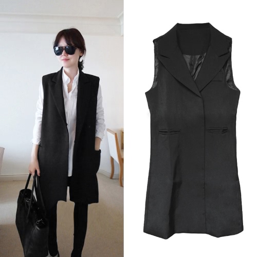 

Fashion Women Thin Coat Notched Collar Double Press Stud Pockets Sleeveless Waistcoat Jacket Black
