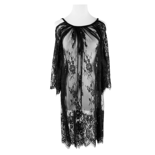 

Vintage Women Boho Beach Dress Sexy Strap Sheer Floral Lace Crew Neck Hippie Party Dress Swimsuit Cover Black/White