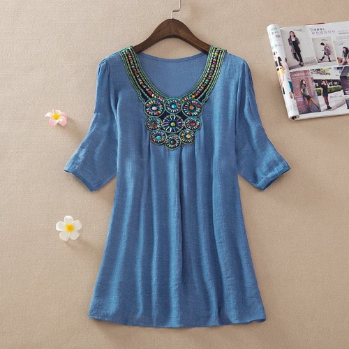 Bohemian Women Blouse Embroidery Beading Half Sleeve Casual Loose Tops Long Shirt Mini Dress