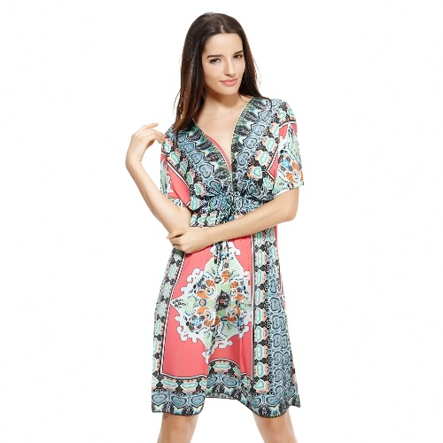

Retro Bohemian Paisley Print V-Neck Short Sleeve Beach Wear Summer Dress