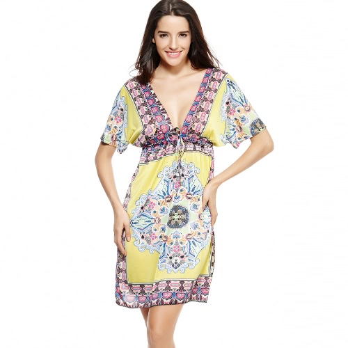 

Retro Bohemian Paisley Print V-Neck Short Sleeve Beach Wear Summer Dress