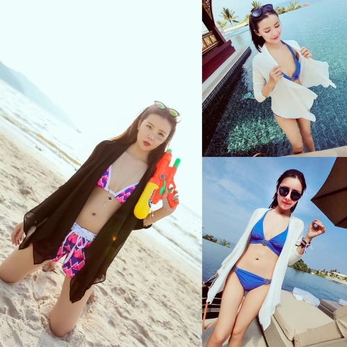 

Sexy Women Chiffon Shirt Open Front Sun Protection Loose Bikini Cover-up Beachwear Blouse White/Black