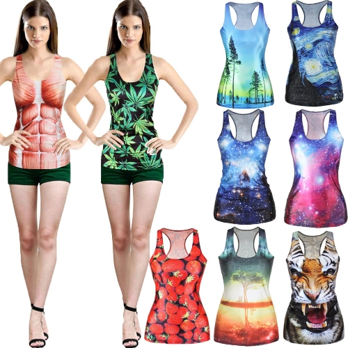 

Europe Fashion Women Tank Top Galaxy Digital Print Colorful Vest Crew Neck Sleeveless Casual Camisole