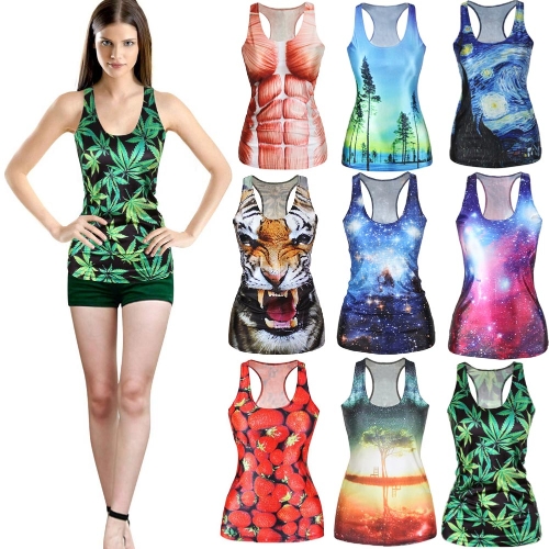 

Europe Fashion Women Tank Top Galaxy Digital Print Colorful Vest Crew Neck Sleeveless Casual Camisole