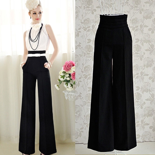 Vintage Women Loose Trousers Zipper High Waist Pocket Front Flare Wide Leg OL Career Pants Black
