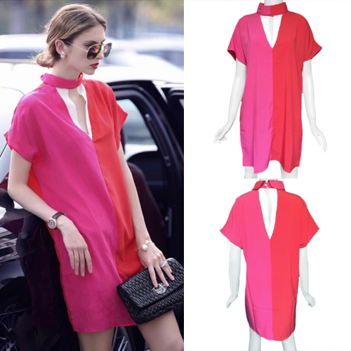 New Fashion Women Dress Contrast Color Turtle Neck Short Sleeve Loose Elegant Mini Dress Red