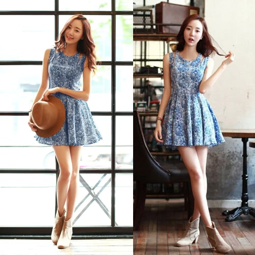 Fashion Women Cute Dress Floral Print Cut-out Shoulder Zipper Back Crew Neck Sleeveless Pleated Mini Dress Blue