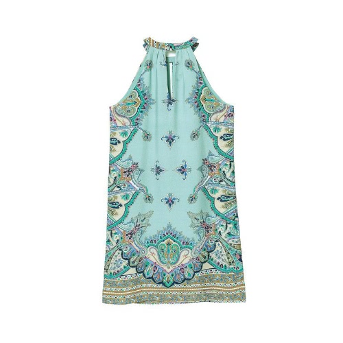 

New Fashion Women Dress Chiffon Print Halter Neckline Off Shoulder Sleeveless Vintage One-piece Green
