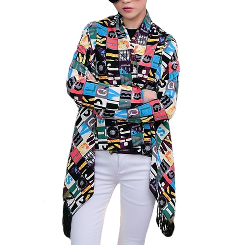 

New Fashion Women Thin Cardigan Print Open Front Tassel Fringed Long Sleeve Thin Cape Coat Outerwear