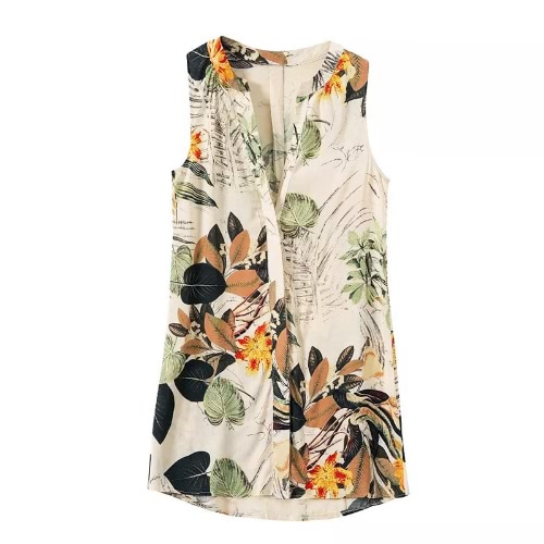 

Chic Floral Print Deep V Neck Asymmetric Hem Sleeveless Mini Shift Dress