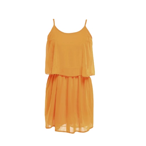 

Summer Spaghetti Straps Top Pleated Mini Skirt Yellow Twinset Chiffon Dress