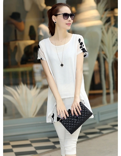 New Fashion Women Chiffon Blouse Embroidery Crew Neck Short Sleeve Loose Fit Casual Tops White/Black