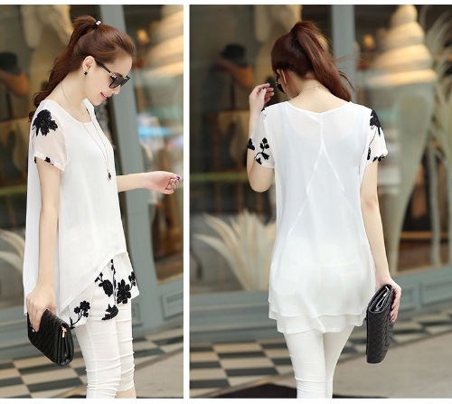 

New Fashion Women Chiffon Blouse Embroidery Crew Neck Short Sleeve Loose Fit Casual Tops White/Black