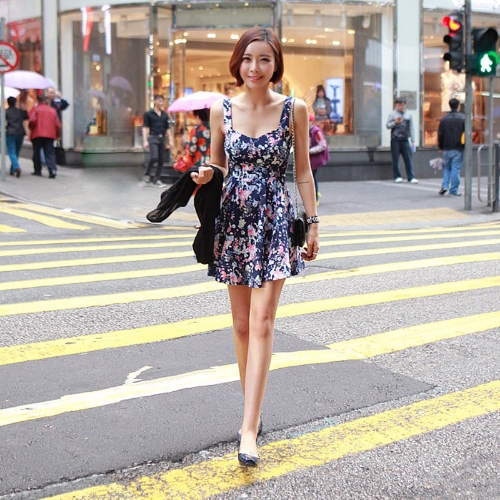 Vintage Women Mini Dress Floral Print Zipper Back V Neck Sleeveless Pleated Dress Dark Blue/Black