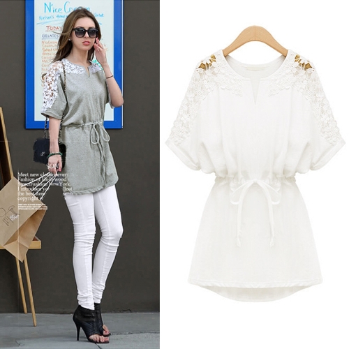 

New Sexy Women Dress Floral Lace Short Sleeve Drawstring Waist Casual Mini Dress Grey/White