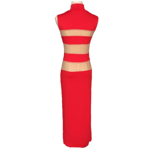 

Sexy Women Dress Sheer Mesh Stripes Stand Collar Sleeveless Mid-calf Dress Bodycon Party Evening Dress Red