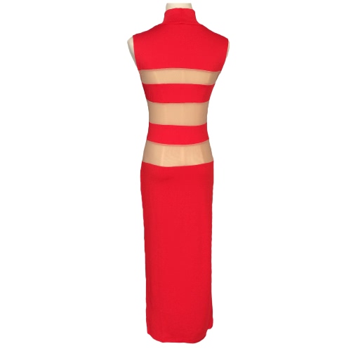 Donne sexy vestono puro maglia strisce Stand collare senza maniche metà polpaccio abito Bodycon partito abito da sera rosso