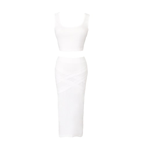 

Sexy Cross Strap Ornament Crop Top Stretch High Waist Midi Skirt