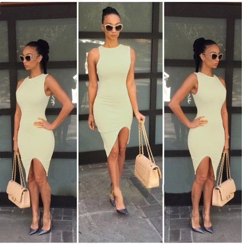 New Fashion Women Dress Solid Design Asymmetric Hem Crew Neck Sleeveless Sexy One-piece