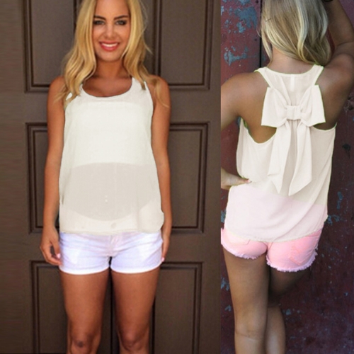 New Fashion Women Chiffon Vest Back Bow Sheer Blouse Sleeveless Round Neck Tank Top