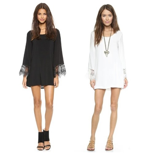 

Fashion Women Dress Crochet Lace Patchwork Deep V Back Self-tie Strap Reverse Dress Black/White