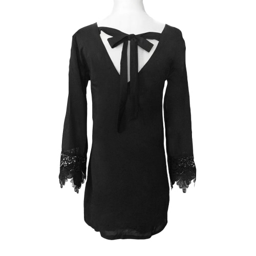 

Fashion Women Dress Crochet Lace Patchwork Deep V Back Self-tie Strap Reverse Dress Black/White