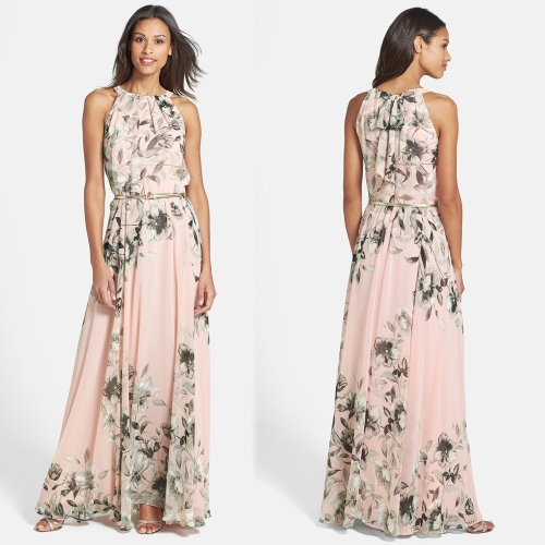 

Sexy Women Chiffon Dress Floral Print Crew Neck Sleeveless Party Beach Boho Long Maxi Dress Sundress Pink