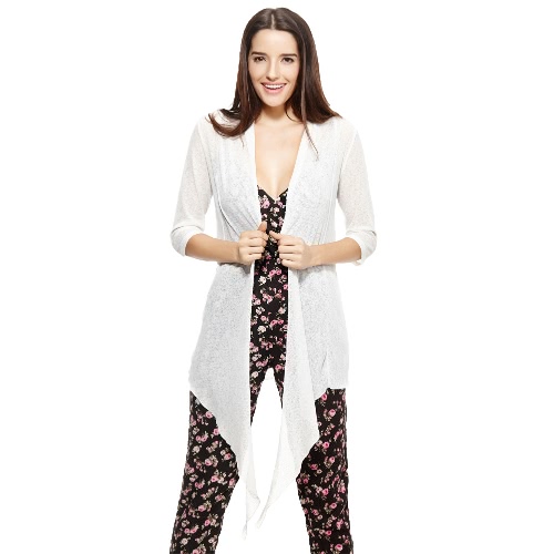 New Fashion Women Kimono Open Front Drape Three Quarter Sleeve Loose Solid Casual Tops White
