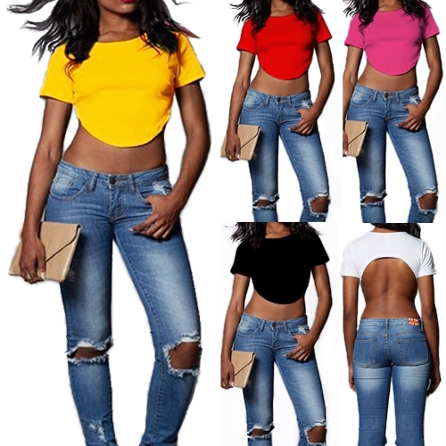 

New Sexy Women Crop Top Open Backless O Neck Short Sleeve Irregular Hem Camisole Casual T-Shirt