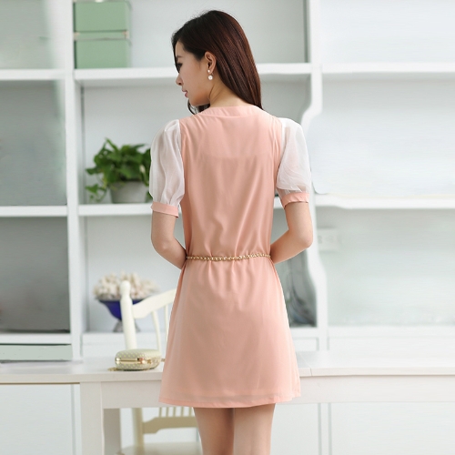 

Korean Fashion Women Lady Dress Candy Color Contrast Short Sleeve Lining Mini Dress