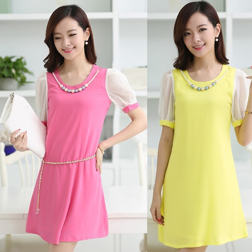 

Korean Fashion Women Lady Dress Candy Color Contrast Short Sleeve Lining Mini Dress