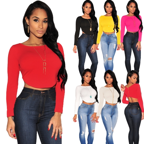 

New Sexy Women Crop Top Long Sleeve O Neck Arched Back Zipper Casual Backless T-Shirt Top Blouse