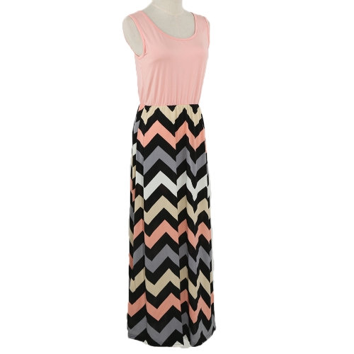 

Мода женщин лето Лоскутное платье волнистые полосы вокруг шеи макси длинное платье без рукавов упругие талии