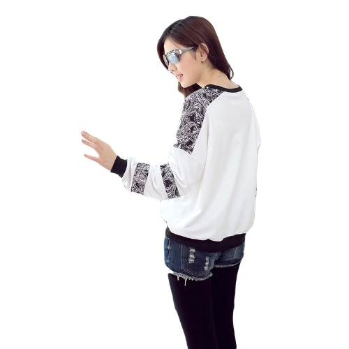 

New Fashion Wemen T-shirt Birds Tree Print O-Neck Long Sleeve Loose Fit Casual Tops White