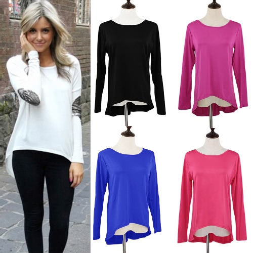 

New Fashion Women T-Shirt Patchwork Elbow Round Neck Long Sleeve Asymmetric Hem Casual Top