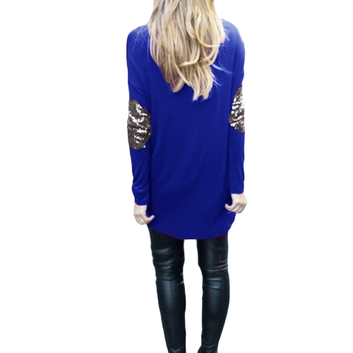 

New Fashion Women T-Shirt Patchwork Elbow Round Neck Long Sleeve Asymmetric Hem Casual Top