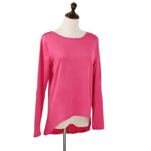 

New Fashion Women T-Shirt Patchwork Elbow Round Neck Long Sleeve Asymmetric Hem Casual Top