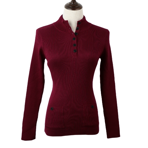 

New Fashion Women Sweater Stand Collar Buttons Long Sleeve Solid Bodycon Fit Casual Knitwear