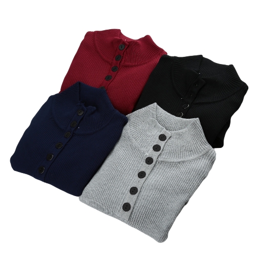 

New Fashion Women Sweater Stand Collar Buttons Long Sleeve Solid Bodycon Fit Casual Knitwear