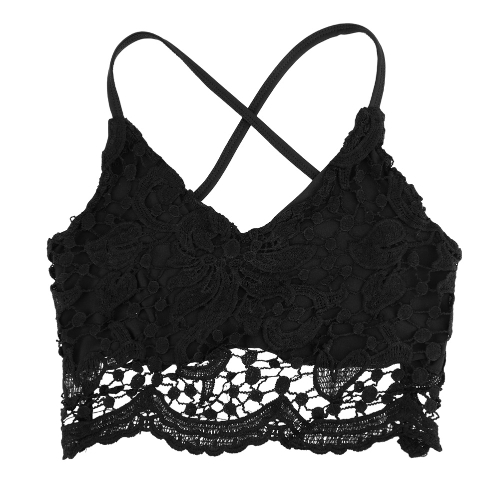 Nuevo Sexy mujer Crop Top Crochet encaje V profunda cuello espaguetis correa de tanque de espalda camisola Bralette negro