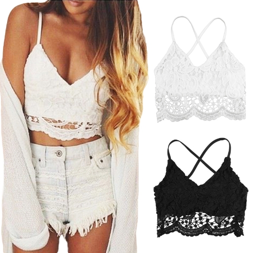 

New Sexy Women Crop Top Crochet Lace Deep V Neck Spaghetti Strap Backless Tank Camisole Bralette Black/White