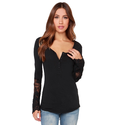 Casual femmes chemisier couture dentelle maille épissage T-Shirt manches longues chemise Slim loisir Top Black