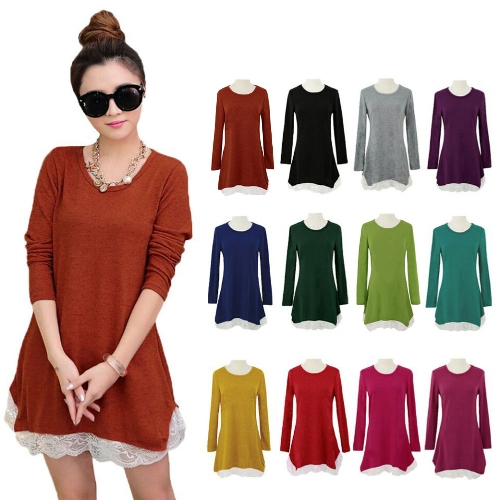 

New Sweet Women Mini Dress Lace Hem Stretchy Jersey Long Shirt Swing Dress Casual Tops