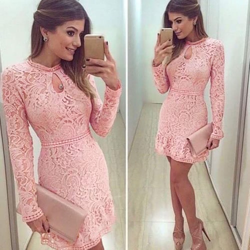 Fashion Women Lace Dress Keyhole Cut Zipper Back Long Sleeve Cocktail Evening Party Dress Pink/Rose/Blue