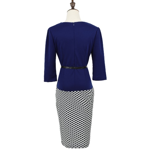 

Новый женщин Bodycon платье проверить пэчворк вечеринки OL работы карандаш платье с поясом темно-синий