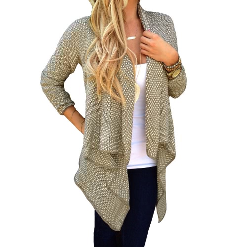 Neue Mode Frauen gestrickter Cardigan Wasserfall offen vorne asymmetrischer Saum langarm lässig Jacke Sweater schwarz/Khaki