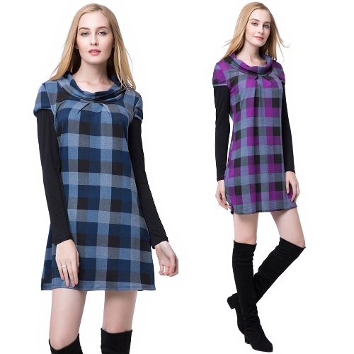 Moda donna abito scollo tondo Plaid manica lunga contrasto colore Mini abito blu/viola
